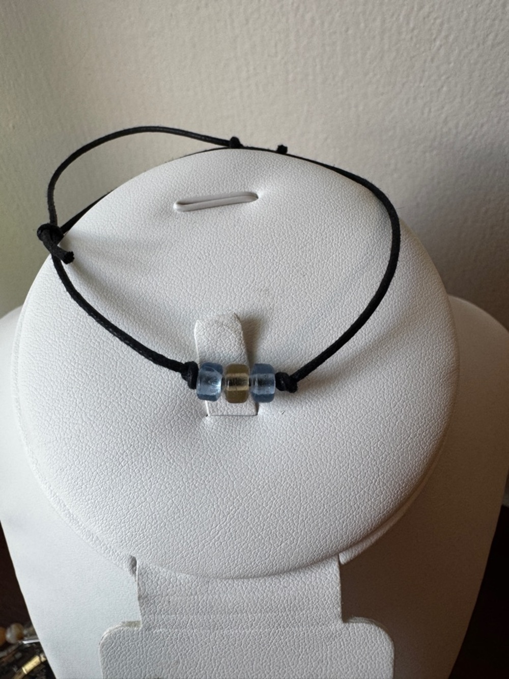 Adjustable Black Cord Bracelet with Blue and Gold Beads
